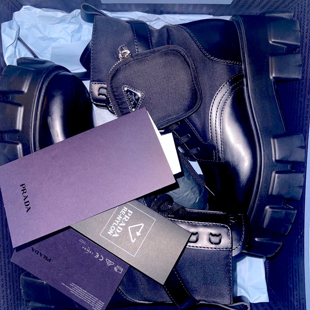 Prada Monolith Leather & Nylon Fabric Boots (Size 39)